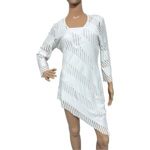 Samuel Dong White Asymmetrical Tunic Dress M Cutout Sheer Overlay Lined